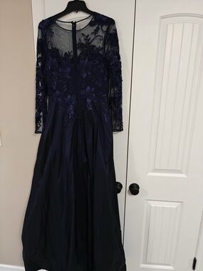 Rickie Freeman for Teri Jon Navy Blue Long Sleeve Embroidered Gown